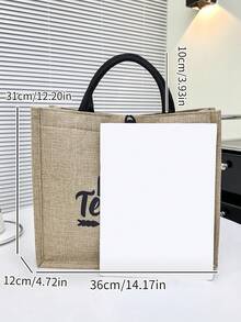 1入裝字母印花卡其粗麻布扣子設計時尚休閒簡約大容量手提袋,適合女性在外使用 - 卡其色 - 查看 3