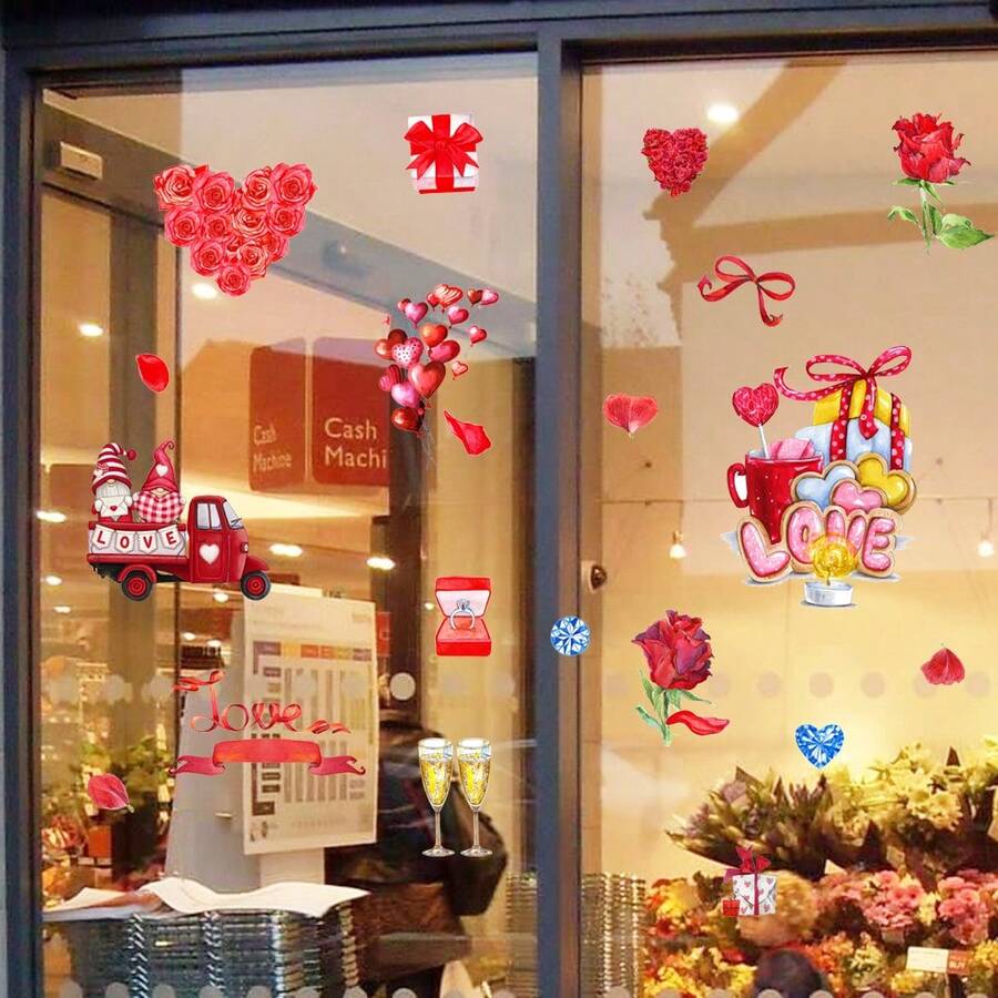 4件組情人節心型氣球裝飾靜電貼可移除靜電貼適用於玻璃牆貼7.9吋x 11.8吋x4 - 彩色 - 查看 1