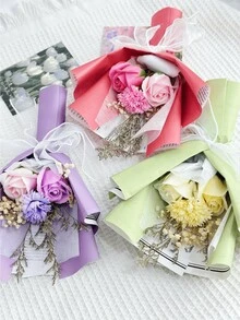 1入組綠色人造花束，包含3朵假玫瑰、人造的桔梗、包裝紙、肥皂花，是送給媽媽、女友、朋友生日或紀念日、情人節、母親節、婚禮禮品、家居裝飾的理想禮物 - 綠色 - 查看 6