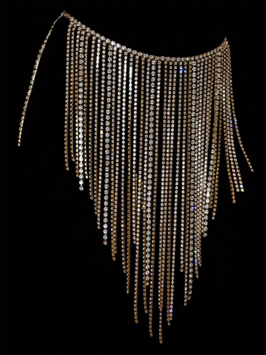 1pc Women's Sexy Bra Chain & Waist Chain With Tassel, Rhinestone & Multi-Layer Body Chain Necklace, Western Style - Gold - View 1