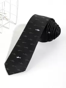 1pc Fashionable Men's Embroidered Shark Design Necktie In Deep Black, Suitable For Party & Banquet Outfits Casual Men Necktie - Deep Black - View 1