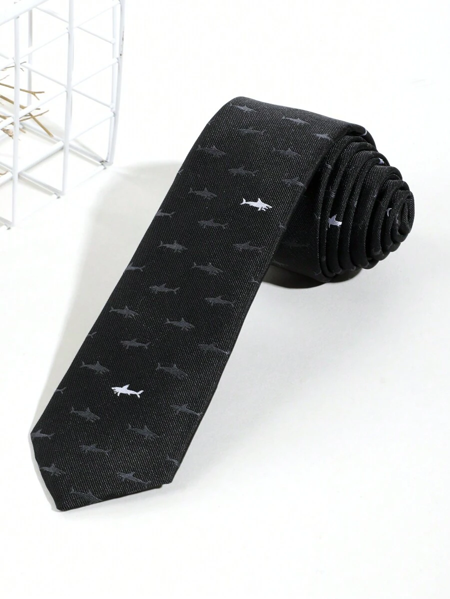 1pc Fashionable Men's Embroidered Shark Design Necktie In Deep Black, Suitable For Party & Banquet Outfits Casual Men Necktie - Deep Black - View 1