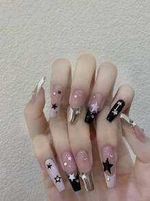 24pcs Medium Ballet Star Glitter Diamond Stylish & Elegant Full Cover French Fake Nails, Instantly Elevate Your Look. Designed For Women & Girls, Random Jelly Gel Delivery. - Multicolor - View 1