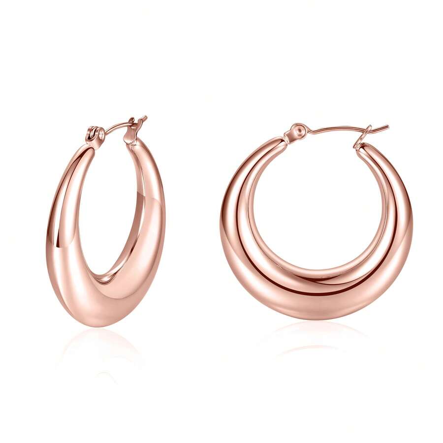 MDFUN 14K玫瑰金镀层316L不锈钢粗圈耳环，轻盈而厚实的金色耳环，女士款 - 玫瑰金 - 查看 1