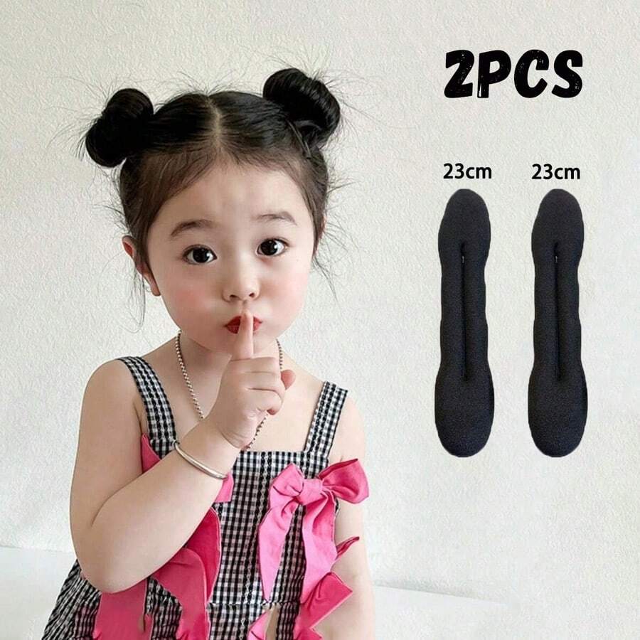 2件装 女童丸子头发髻神器 儿童爆圈发髻工具 蓬松花蕾头扎发饰 女宝宝发髻棒 (两支装) - 黑色 - 查看 1