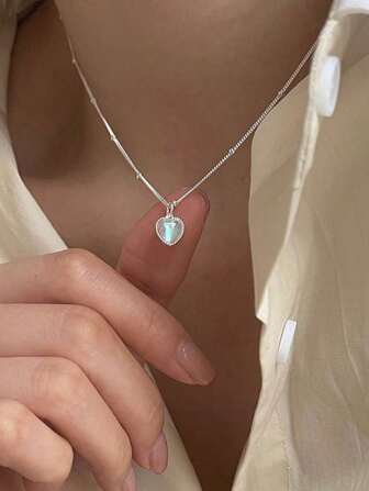 1入組時尚銀石頭心形墜飾項鍊適合女士日常裝飾