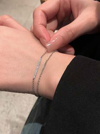 BALMORA 1pc Delicate And Luxurious Sterling Silver Double Layered Cubic Zirconia Bracelet, Perfect Gift For Women's Parties And Best Friends