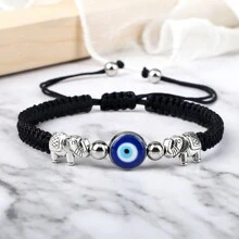 1 pieza Brazalete trenzado vintage con cuentas de ojo turco azul, hilo de nailon, dije de aleación con elefante, joya de pulsera y brazalete de pareja