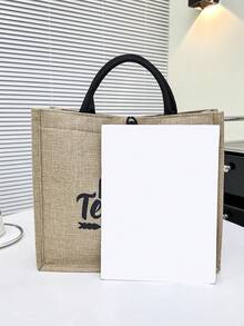 1入裝字母印花卡其粗麻布扣子設計時尚休閒簡約大容量手提袋,適合女性在外使用 - 卡其色 - 查看 8