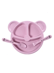 1set Baby Feeding Utensils Set, Including Spoon, Fork, And Plate - Pink - View 3