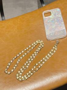 1pc Small Pearl Decorated Long Chain Phone Strap - White - View 2