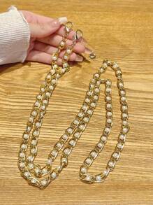 1pc Small Pearl Decorated Long Chain Phone Strap - White - View 1