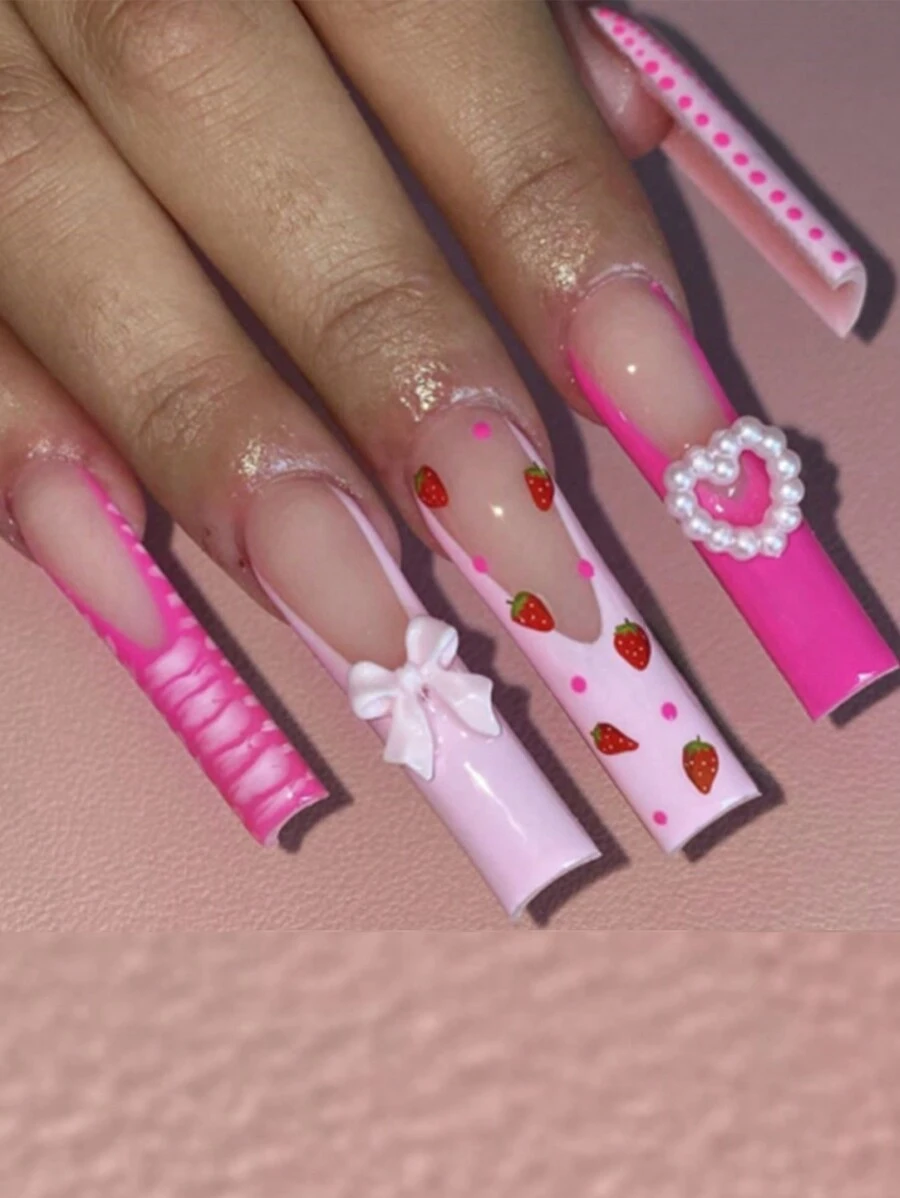 Upgrade Your Style Now! 24pcs/Set Ballet Pink Heart & Strawberry & Butterfly Nail Wraps + 1pc Jelly Gel + 1pc Nail File - Multicolor - View 1