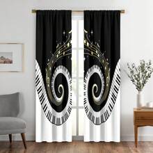 2pcs Music Art Window Curtains, Black & White & Gold Musical Note Design Creative Home Decor, For Bedroom Or Living Room Curtain Panel - Rose Gold - View 1