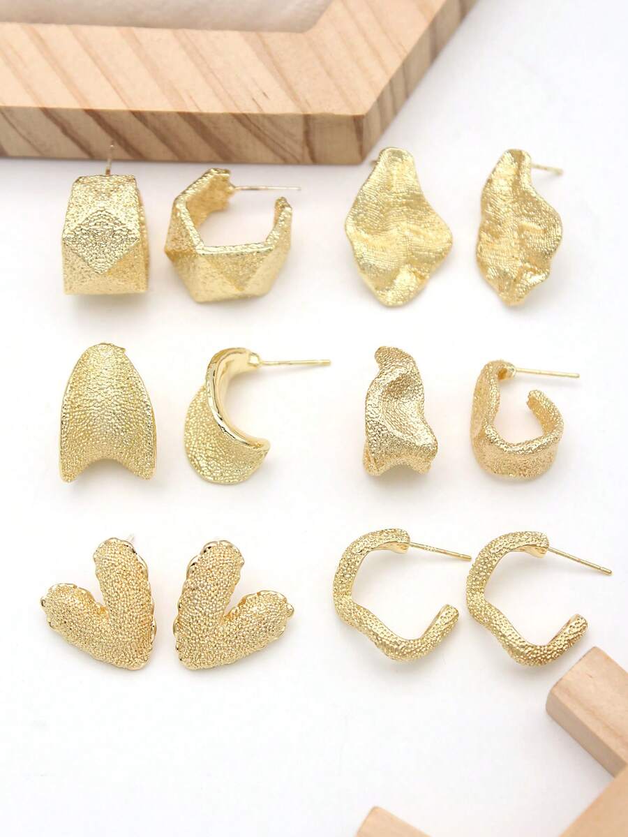 6 对/套时尚哑光金属心形和不对称形状耳环套装可作为女士/女孩派对的礼物