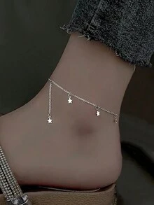 FOREVER QUEEN 925 Sterling Silver Star Anklet Dangling Charm CZ Crystal Adjustable Foot Anklet Sandbeach Party Foot Chain Summer Jewelry Gifts For Women BFF - Silver - View 8