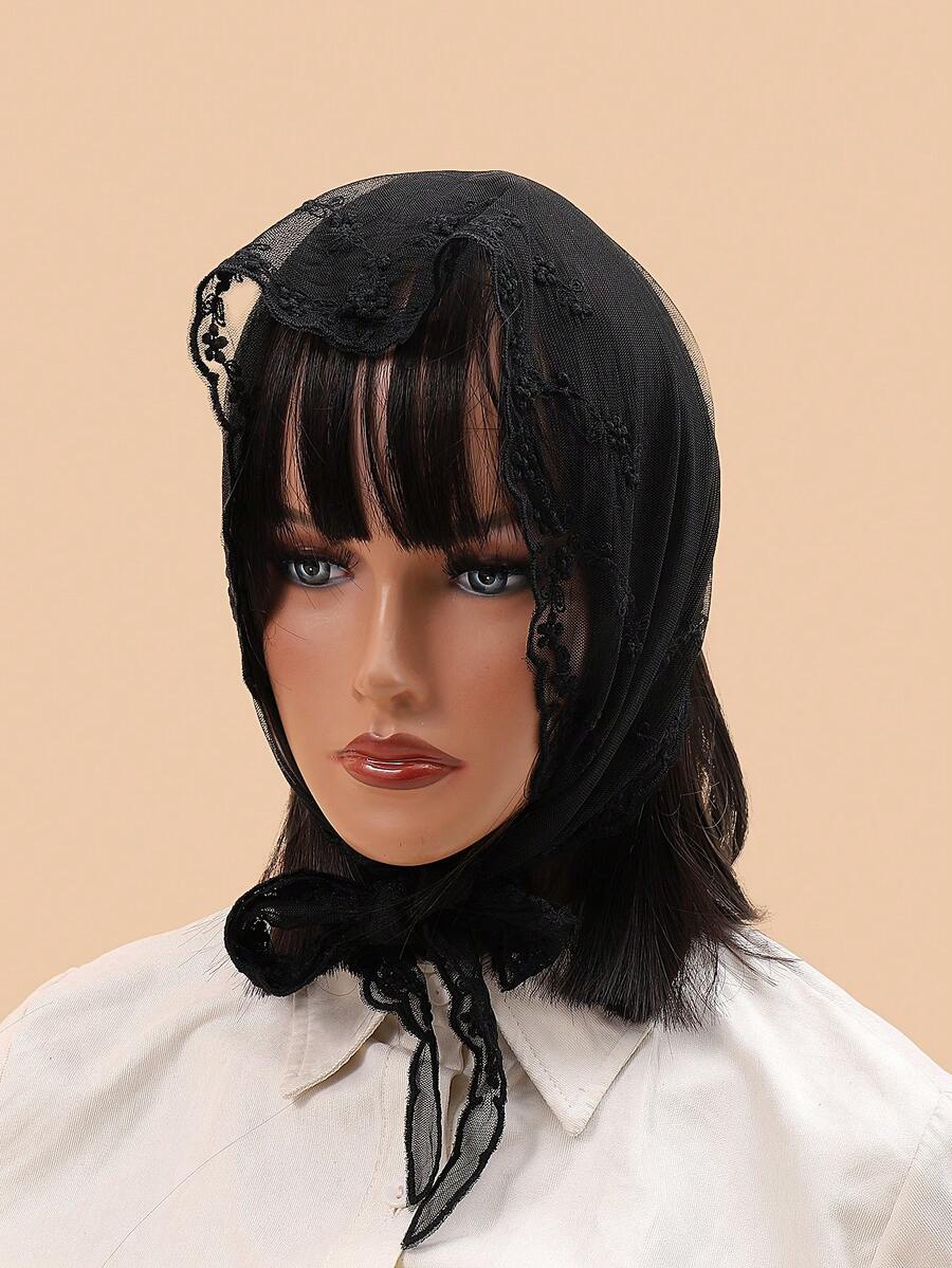 1 件裝女式三角形蕾絲頭帶和多用途圍巾,甜美花卉印花,薄而優雅 - 黑色 - 查看 1