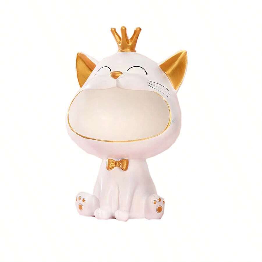 Creative And Cute Resin Cat Shaped Storage Ornament, Home Decor For Living Room, Wine Cabinet, Foyer, Key Storage - White - View 1