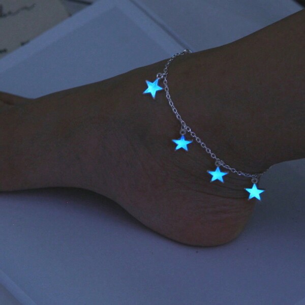 Pulsera De Tobillo Con Borlas Y Estrella Luminosa Azul Para Mujer, Pulsera Con Estrella Luminosa