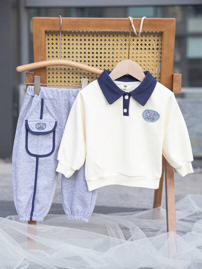 1 Set Primavera E Autunno Giovane Ragazzo Casual Lettera Patch Felpa E Pantaloni Abiti Sportivi, Stile College Sciolto 2 Pezzi/set