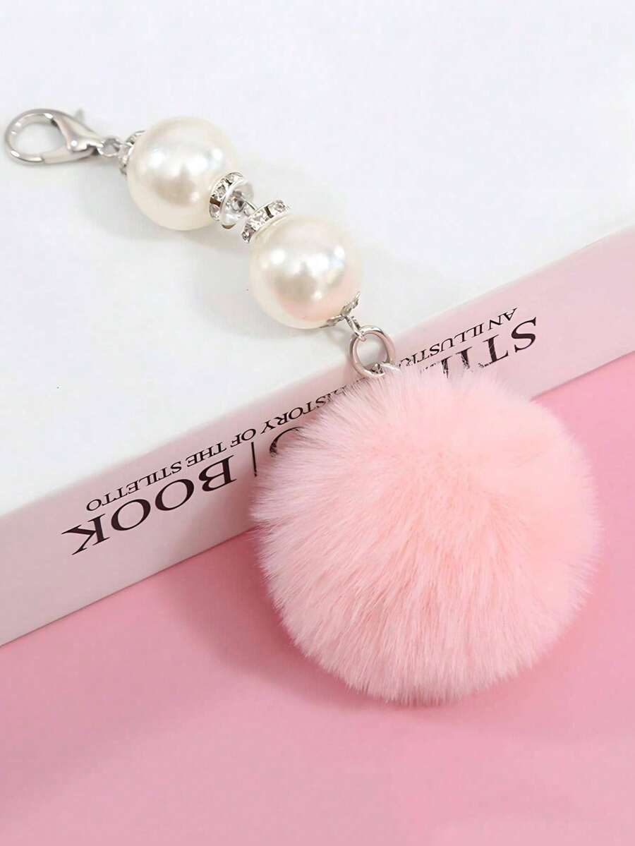 1pc Creative Pink Furry Pom Pom Pearl Chain Keychain/Cute Backpack Accessory For Female Students - Pink - View 1