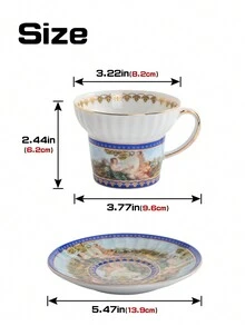 1set Vintage Coffee Cup And Saucer, Ceramic Material, Figurine Shaped Design, Suitable For Home, Club, Coffee Shop, Office Use - Blue - View 3