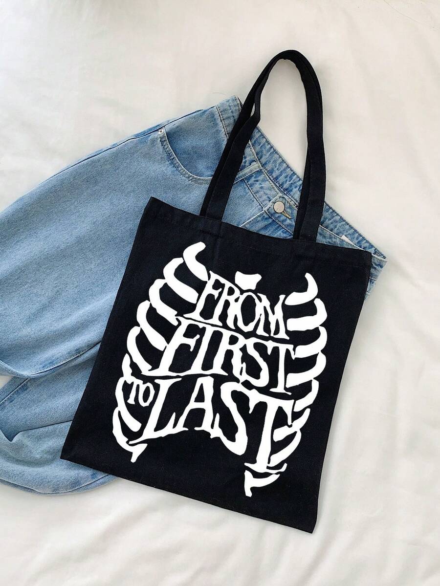 1pc Black Fashionable Canvas Tote Bag With Skeleton Printed 'from' Letter For Women, Portable Shopping Bag For Going Out - Black - View 1
