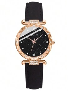 GAIETY 5pcs Ladies Watch Black Fashionable Ladies' Leather Strap Quartz Watch, Oval Rhinestone Pendant Necklace, Stud Earrings, Ring Set For Casual Occasions