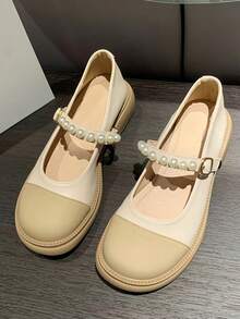 瑪莉珍女鞋 珍珠低跟樂福鞋 學院風 時尚百搭 2024夏季 - 米色 - 查看 1