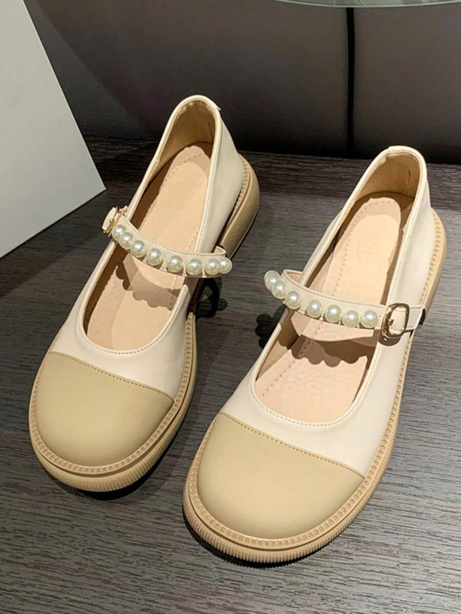 瑪莉珍女鞋 珍珠低跟樂福鞋 學院風 時尚百搭 2024夏季 - 米色 - 查看 1