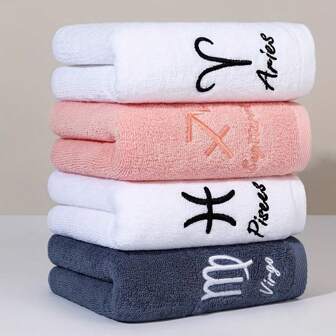 1pc White Soft And Absorbent Towel With Zodiac Sign Embroidery, Suitable For Bathing And Washing Face