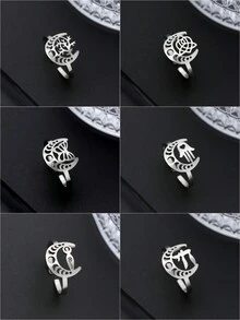 1入不鏽鋼女士月牙形開放式戒指,時尚奢華浪漫的蝴蝶om瑜伽帶,情侶婚禮珠寶禮物用品 - 銀色 - 查看 1