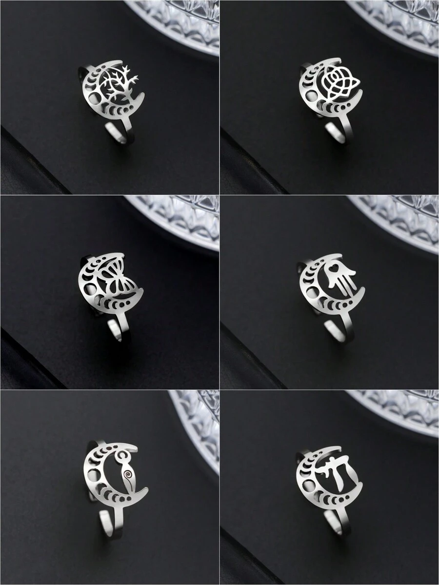 1入不鏽鋼女士月牙形開放式戒指,時尚奢華浪漫的蝴蝶om瑜伽帶,情侶婚禮珠寶禮物用品 - 銀色 - 查看 1