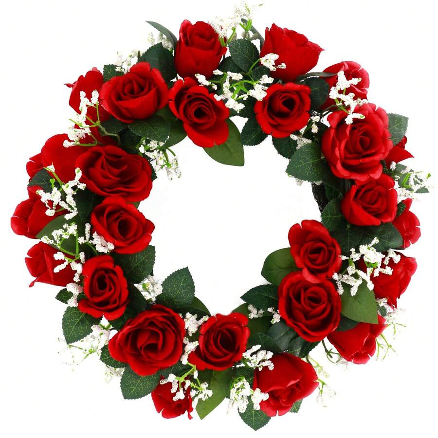 1pc,16 Inch Red Rose Flower Wreath, Spring Summer Wreath For Front Door Wall Window Decor And Valentine's Day Wedding Anniversary Party Decorations - Red - View 1