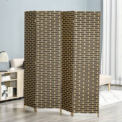 HOMCOM Paravent intérieur 4 Panneaux Pliables 180L x 180H cm séparateur de pièce Bois de peuplier Fibres de Papier tressée Chocolat Paille