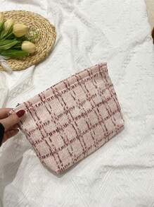 新款粉色格紋圖案可愛化妝包手拿包化妝袋,灰垂線布料舒適大容量耐用便攜,假日旅遊必備儲物袋,帶拉鍊洗衣袋,宿舍必備化妝用品收納袋 ─ 女孩禮物、情人節禮物 - 粉色 - 查看 7