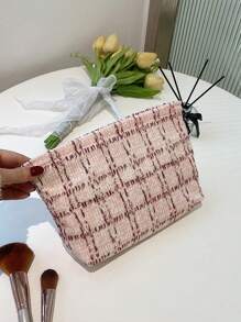 新款粉色格紋圖案可愛化妝包手拿包化妝袋,灰垂線布料舒適大容量耐用便攜,假日旅遊必備儲物袋,帶拉鍊洗衣袋,宿舍必備化妝用品收納袋 ─ 女孩禮物、情人節禮物 - 粉色 - 查看 2