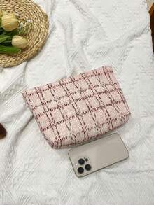 新款粉色格紋圖案可愛化妝包手拿包化妝袋,灰垂線布料舒適大容量耐用便攜,假日旅遊必備儲物袋,帶拉鍊洗衣袋,宿舍必備化妝用品收納袋 ─ 女孩禮物、情人節禮物 - 粉色 - 查看 9