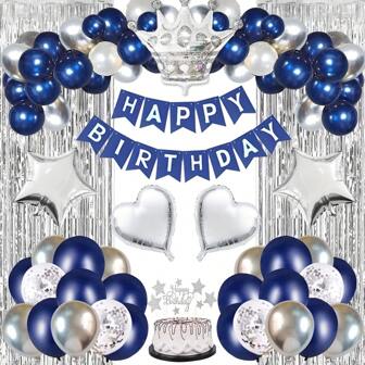 Navy Blue & Silver Happy Birthday Party Decoration Kit For Men, Boys, Women, Girls - Banner, Crown Balloon, Fringe Curtain, Cake Topper - Suitable For 13th, 16th, 18th, 21st, 25th, 40th, 50th, 60th, 70th Birthday Party,Christmas