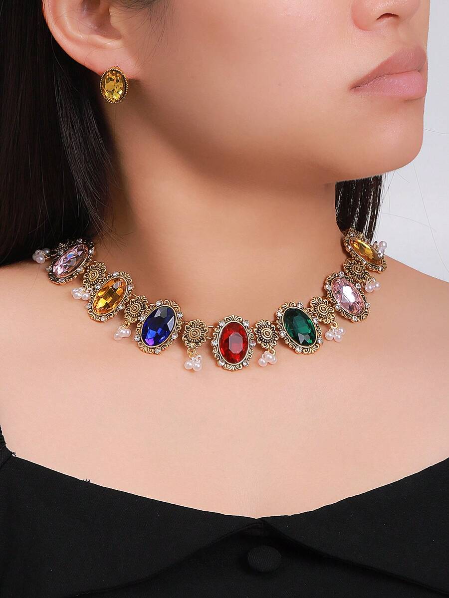 1入流行復古鑲玻璃簡潔女用項鍊＆1對復古橢圓形女用耳釘 - 彩色的 - 查看 1