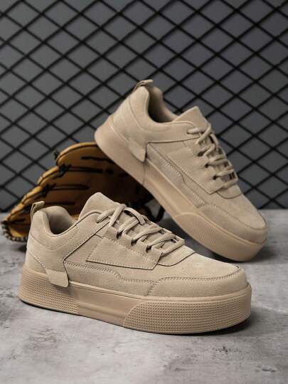 (Size Runs Small) New Men's Shoes, Men Gray Lace-Up Skateboard Shoes, Minimalist Style Patchwork Detail Round Toe Casual Elevator Sneakers