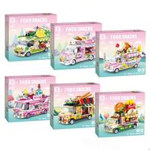 動畫主題的食品卡車diy小粒子積木,包括復古客車、漢堡、冰淇淋、水果主題的玩具,適合兒童拼圖組裝 - 甜點車 - 查看 10