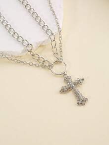 1 Pc Fashionable And Exquisite Rhinestone Cross Pendant Double -Layer Necklace Ladies Daily Life - Silver - View 5
