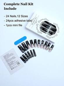 24Pcs Long Square Press On Nails Butterfly French False Nails Charms And Rhinestones Black Nails With 1 Piece Jelly Glue And 1 Piece File - Multicolor - View 2