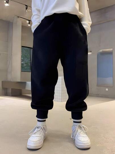 2024新款實色斜口袋青少年男孩運動長褲，適用於春/秋/冬季