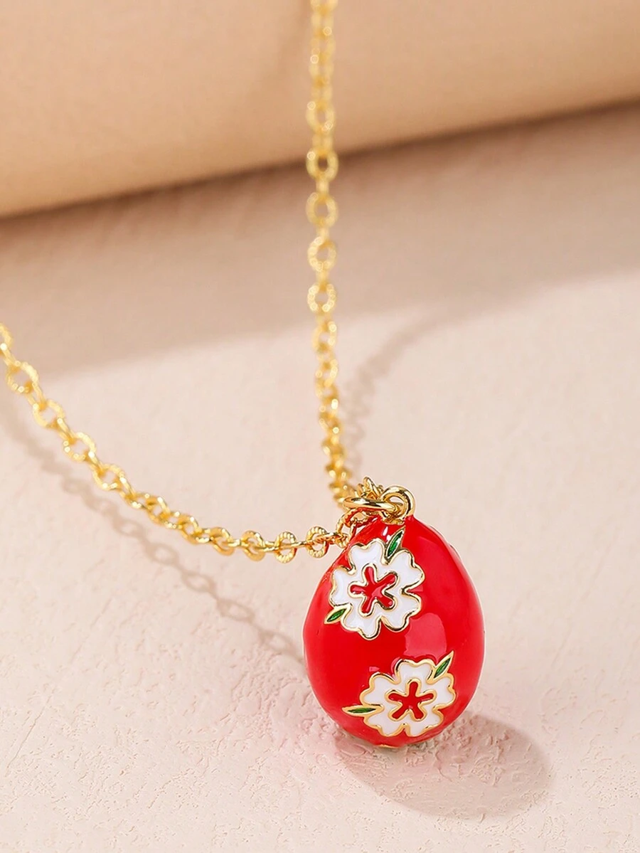 1pc Asymmetric Shape Oil Drop Pendant Necklace For Women - Red - View 1