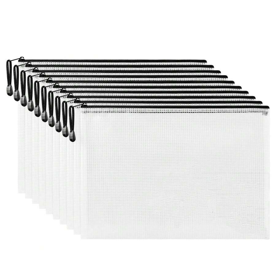 5 PCS A4 Mesh File Zip Bags Folder Wallets, Reinforced Zipper With Threads Mesh Zipper Pouch For School Office Supplies,Document, Storage, Cosmetics, Travel Accessories - White - View 1