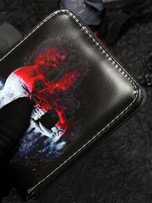 1 件黑色 PU 皮革骷髅压纹男士双折钱包，休闲男女通用信用卡夹，个性化短款零钱包 - 黑色 - 查看 6