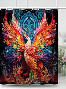 1入組鳳凰印花聚酯方形防水淋浴簾,現代風格適用於家庭浴室 - 彩色 - 查看 5