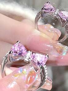 1入流行鑽石愛心戒指,適合女性約會禮物及日常佩戴 - 粉色 - 查看 2